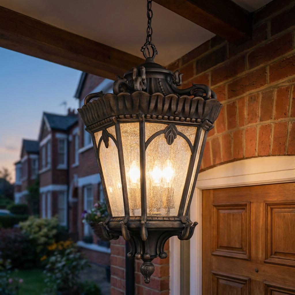 Traditional bronze outdoor pendant light with seeded glass hanging from a porch ceiling against a brick house.