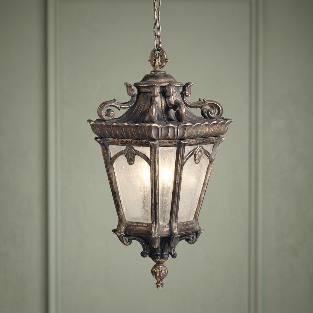 Ornate Londonderry finish pendant lantern with seeded glass and scrollwork details hanging against a sage background.