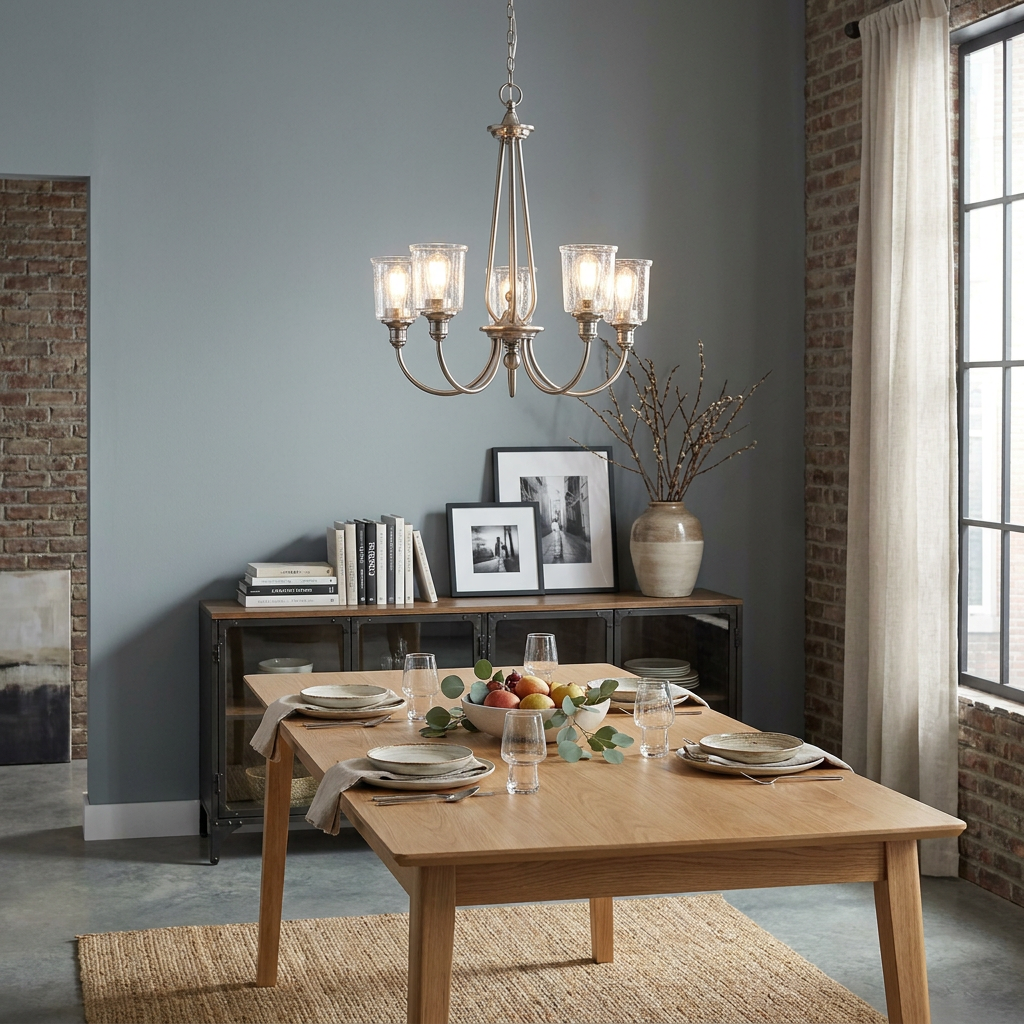 Kichler Waverly 5-light pewter chandelier with seeded glass shades over a modern rustic dining table.