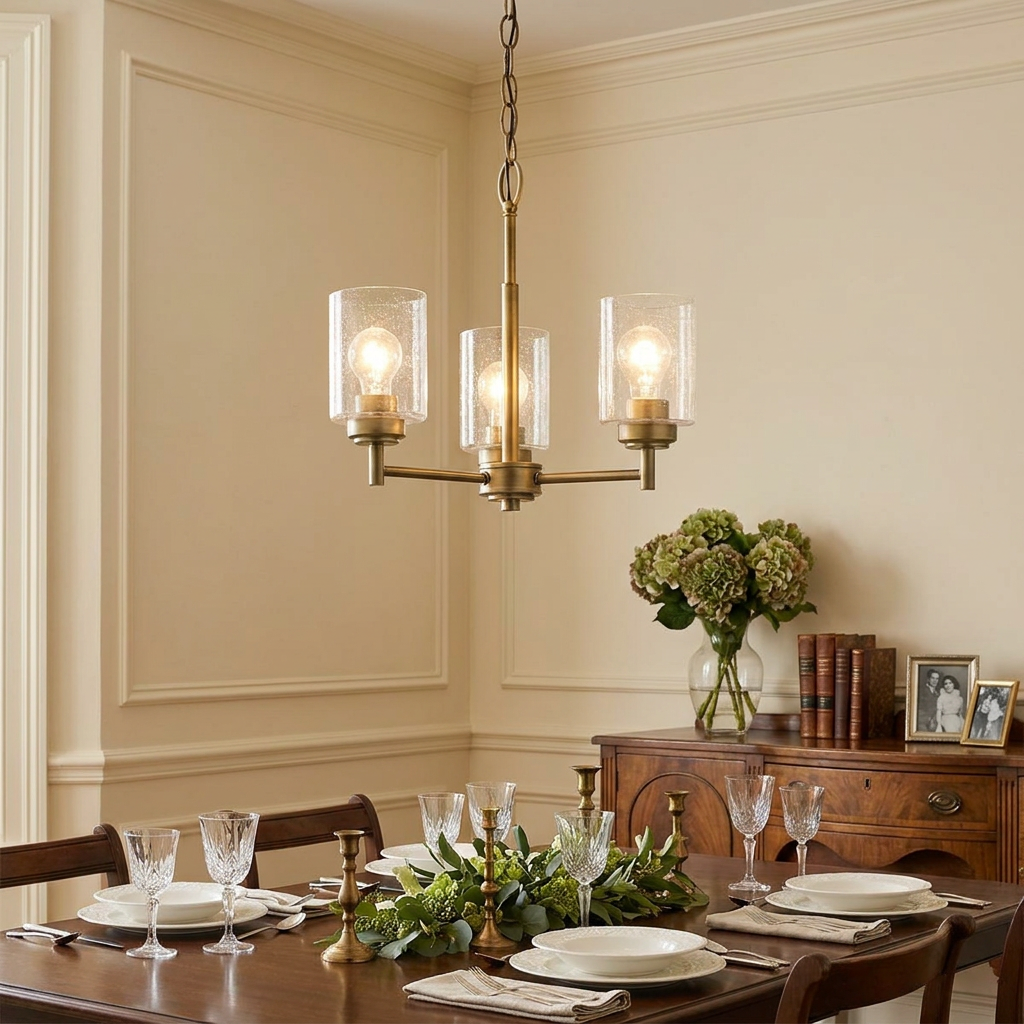 Three-light brass chandelier with seeded glass shades illuminates an elegant dining table set for a meal.