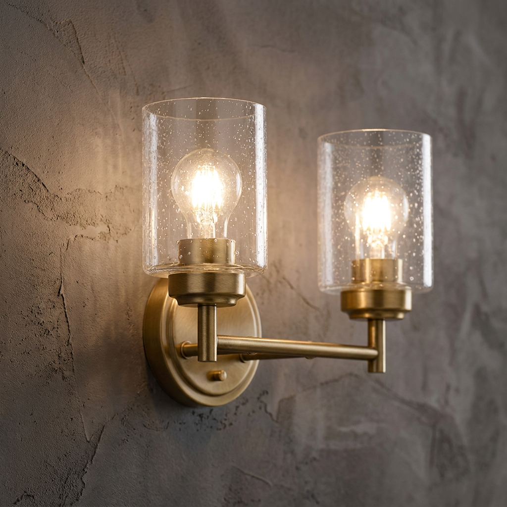 Illuminated Kichler Winslow brass double wall light with seeded glass shades on a textured grey plaster wall.