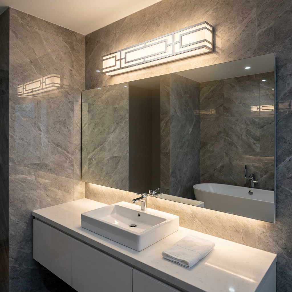 Kichler Zolon chrome wall light with geometric patterns above a mirror in a modern marble-tiled bathroom.