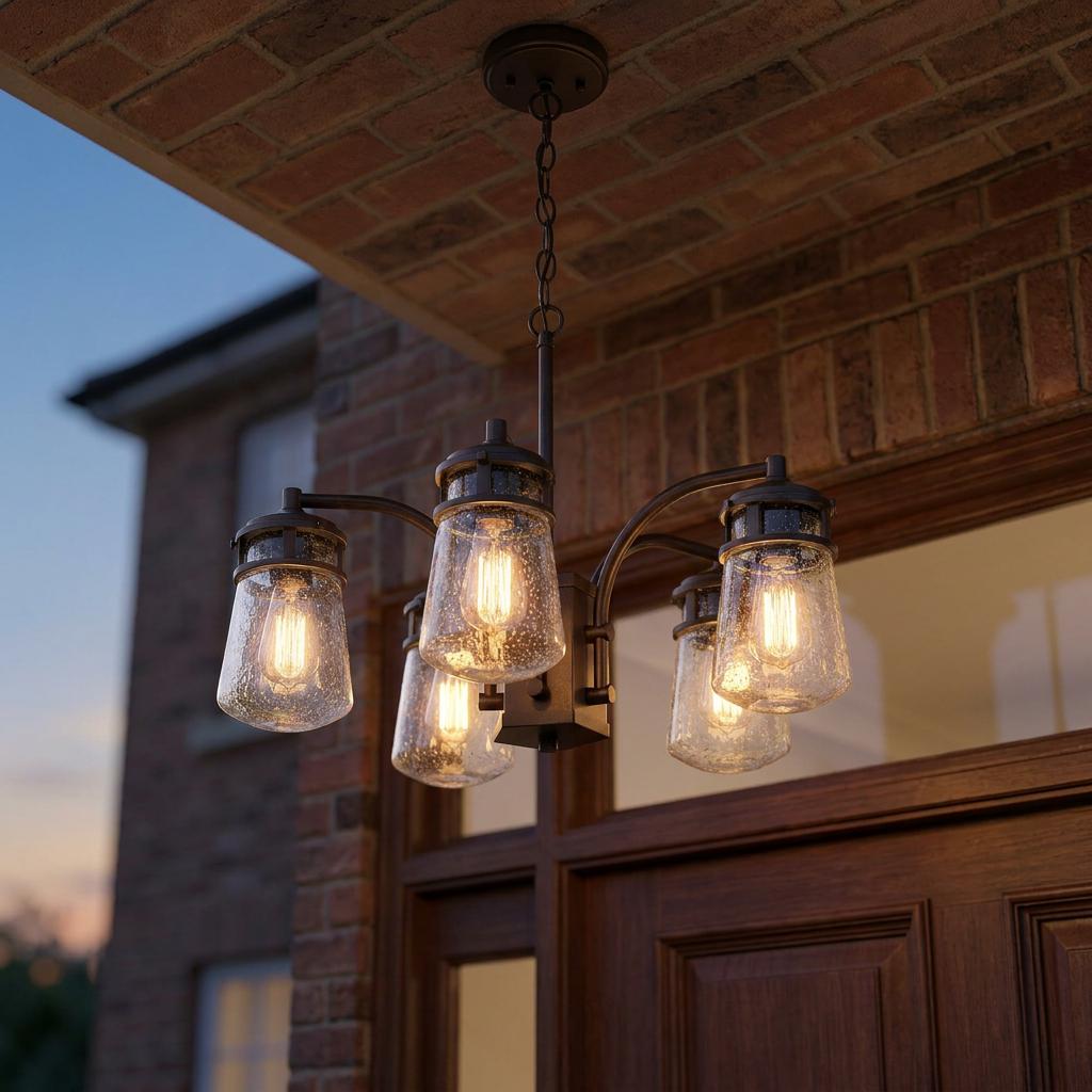 Kichler Lyndon outdoor bronze chandelier with five seeded glass shades illuminated on a brick porch at dusk.