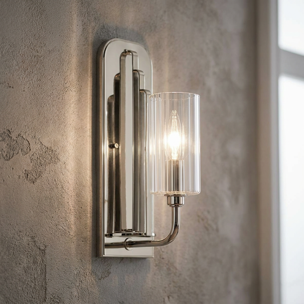Art Deco-inspired polished nickel wall light with a fluted glass shade illuminating a textured wall.