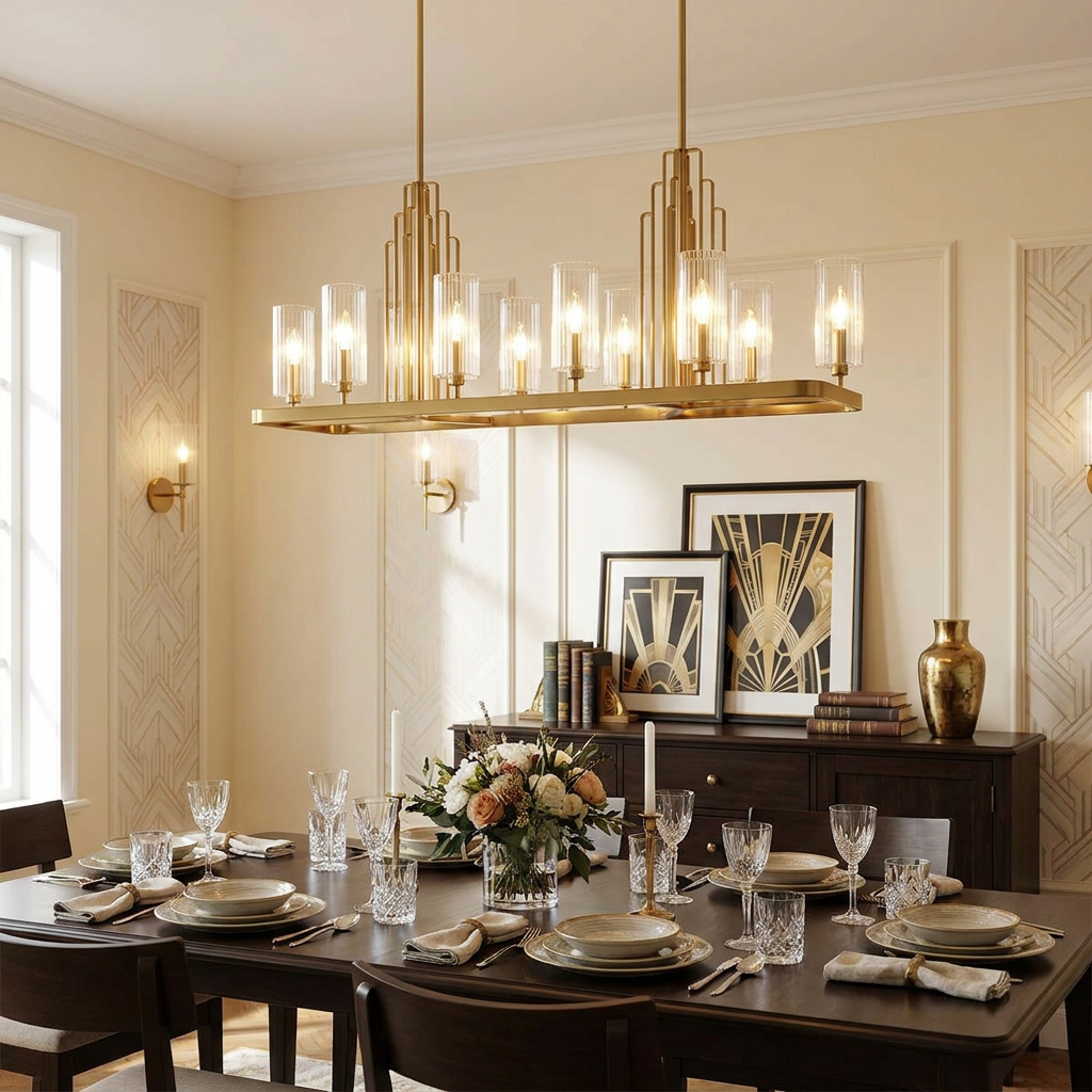 Art Deco-inspired Kimrose 10-light brass linear chandelier with fluted glass shades hanging over a dining table.