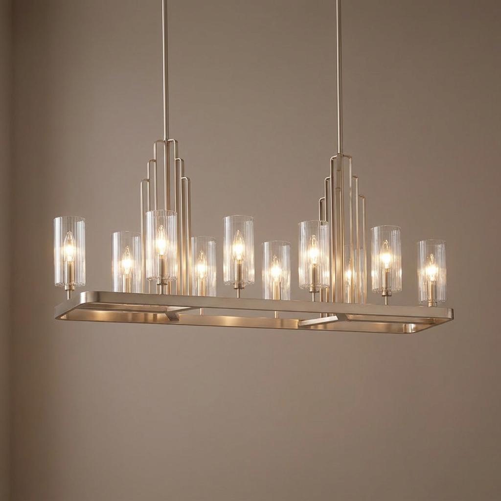 Polished nickel 10-light linear chandelier with clear fluted glass shades and geometric Art Deco accents.