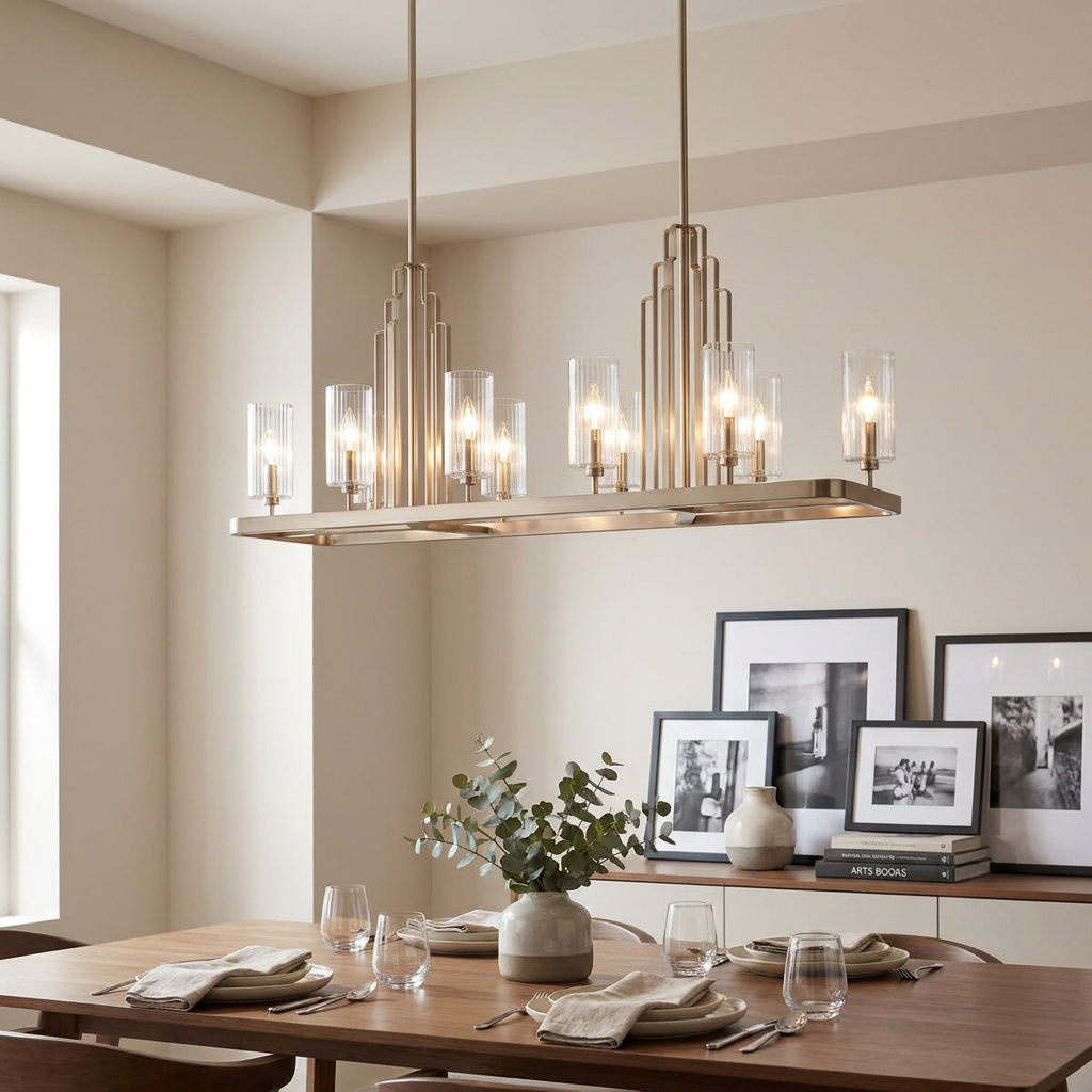 Modern nickel 10-light linear chandelier with fluted glass cylinders over a set wooden dining table.