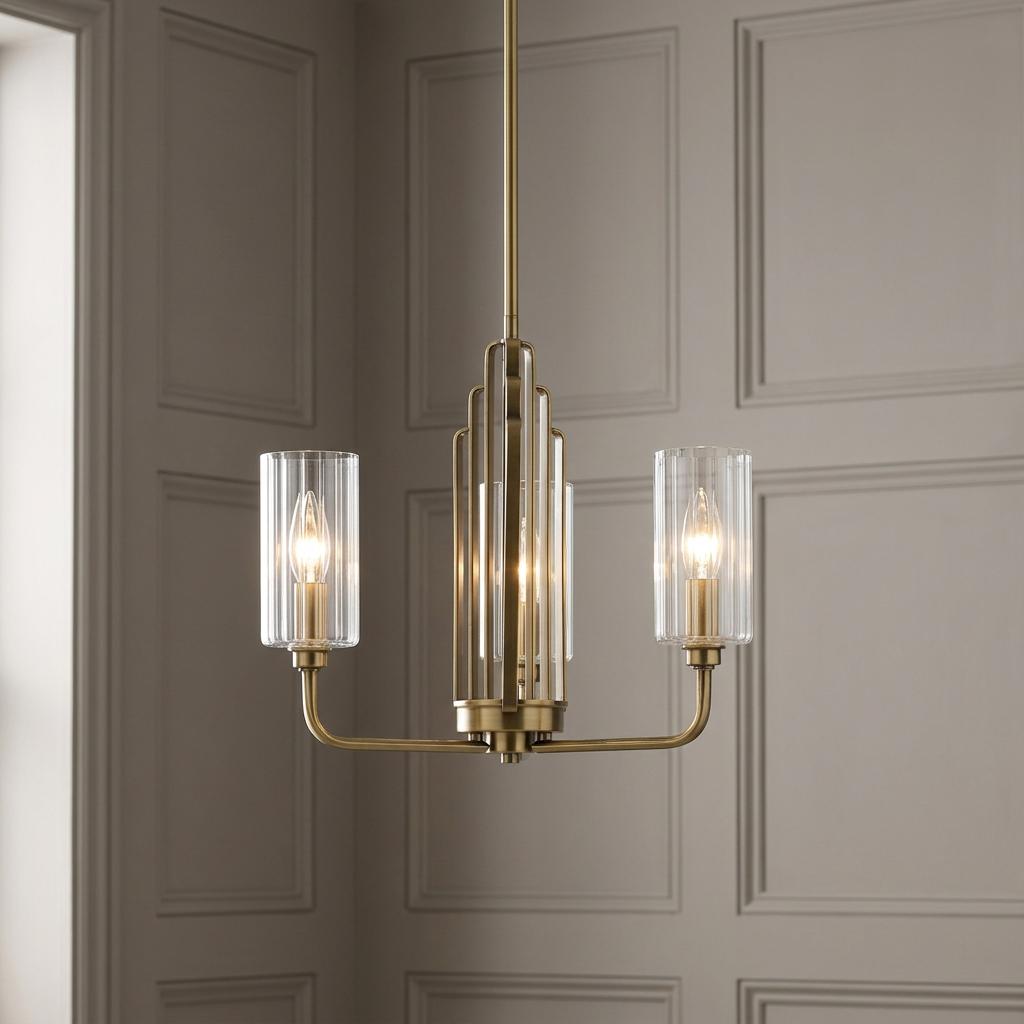 Kimrose 3 light brass chandelier with fluted glass cylinders illuminated against a grey paneled wall.