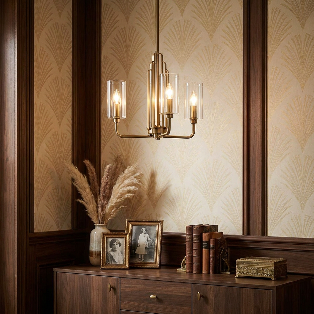 Kimrose three-light brass chandelier with clear glass cylinders over a vintage sideboard and Art Deco wallpaper.