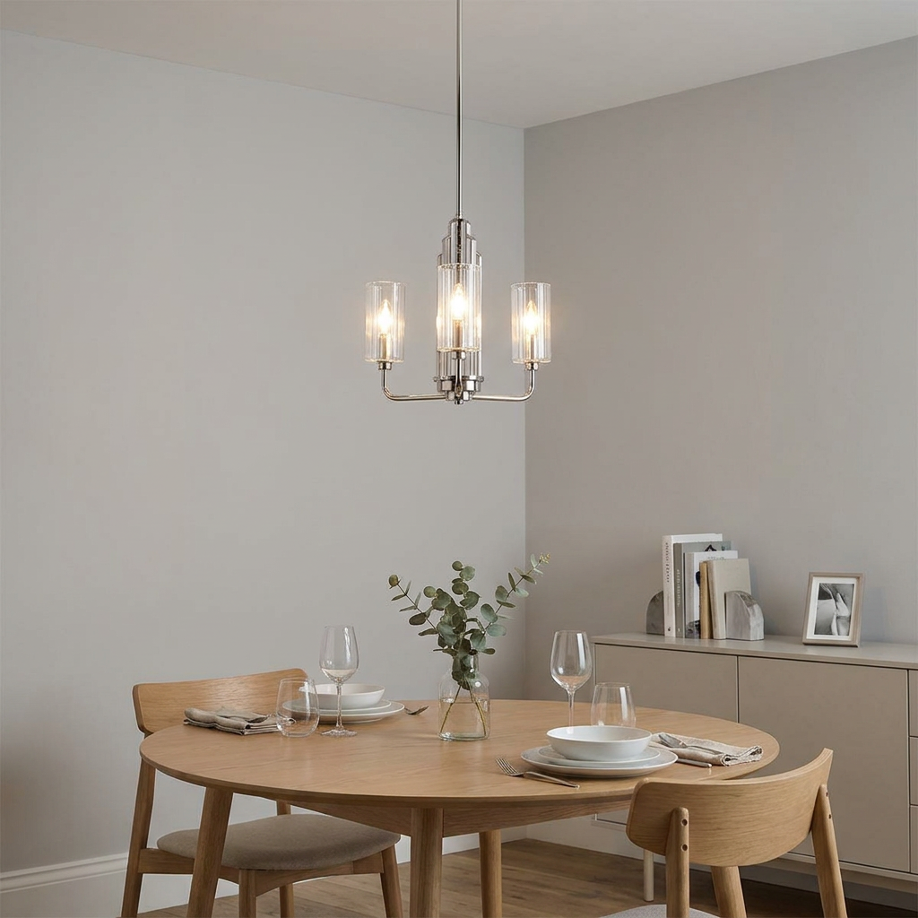 Kimrose 3 light nickel chandelier with fluted glass shades hanging over a modern wooden dining table.