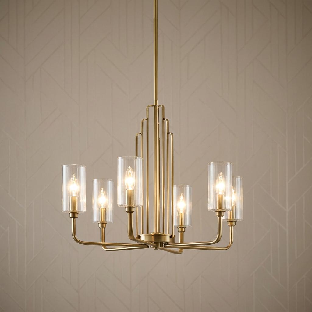 Art Deco Kimrose 6-light brass chandelier with clear fluted glass shades illuminated against a patterned wall.