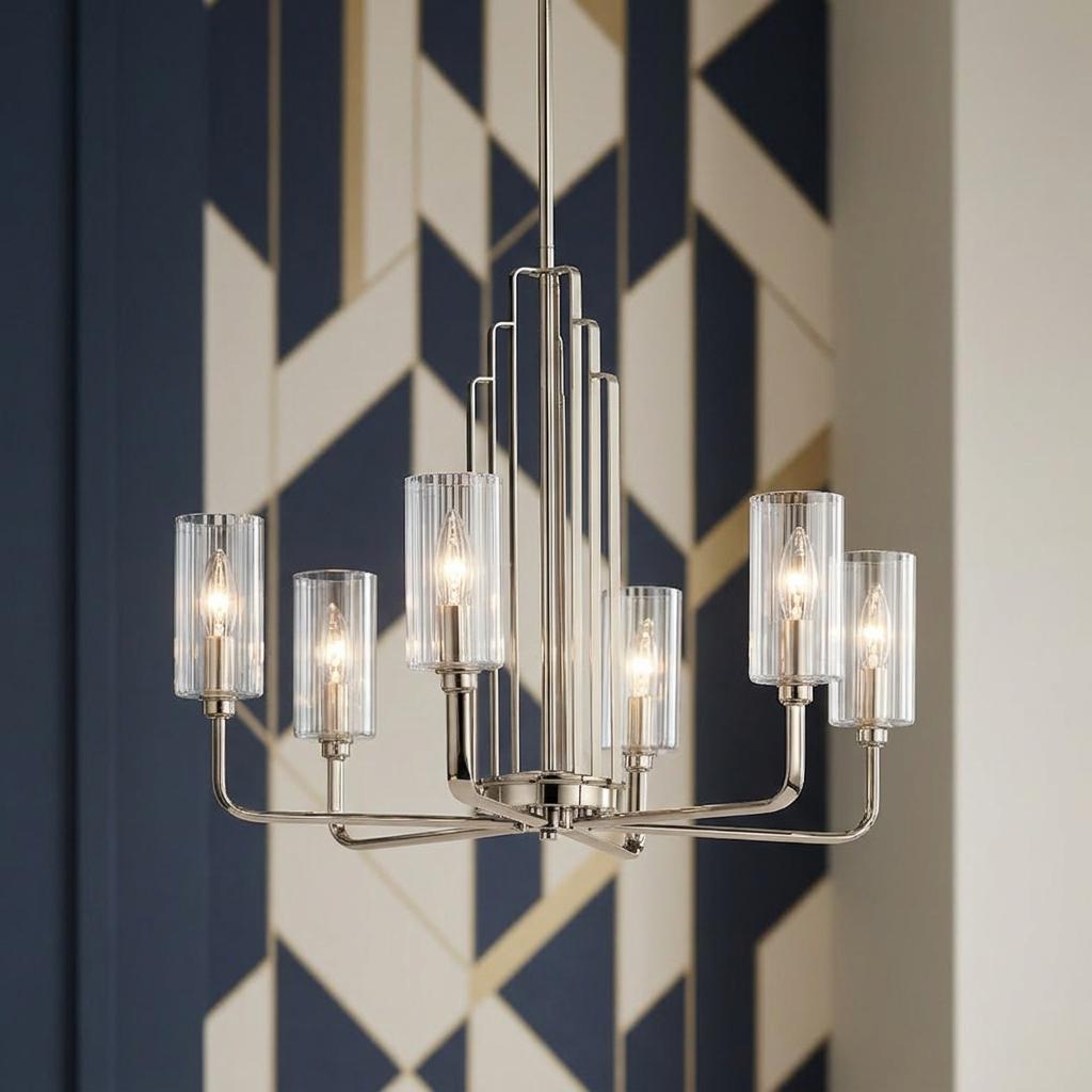 Kimrose 6-light nickel chandelier with fluted glass cylinders and an Art Deco frame against a geometric backdrop.