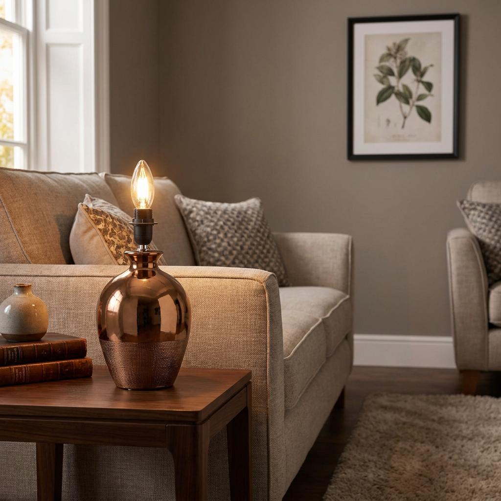 A copper-finished ceramic table lamp with a lit bulb sits on a wooden side table in a cozy living room.