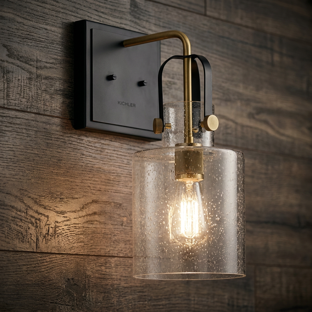 Industrial-style brass wall sconce with a seeded glass shade and Edison bulb, mounted on dark wood paneling.