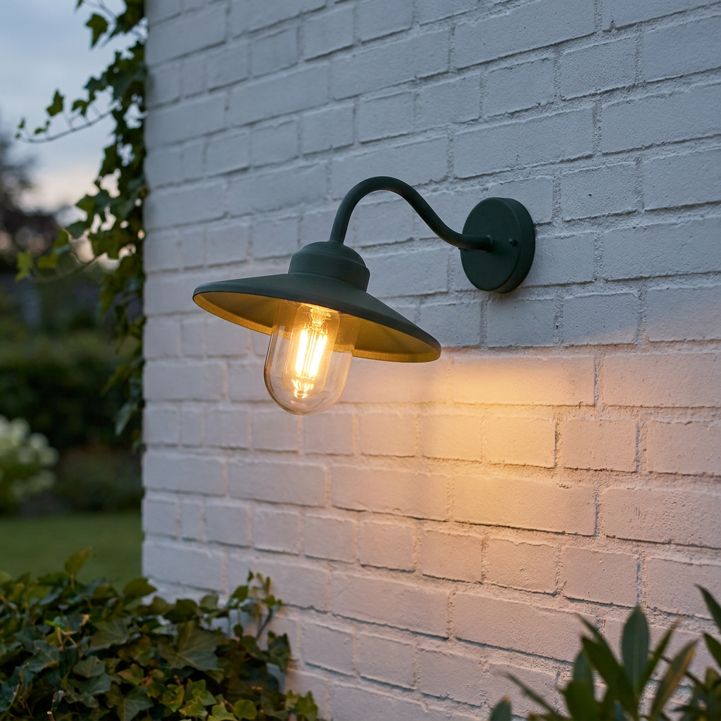 Green swan-neck outdoor wall lantern with a warm lit bulb mounted on white brickwork in a garden.