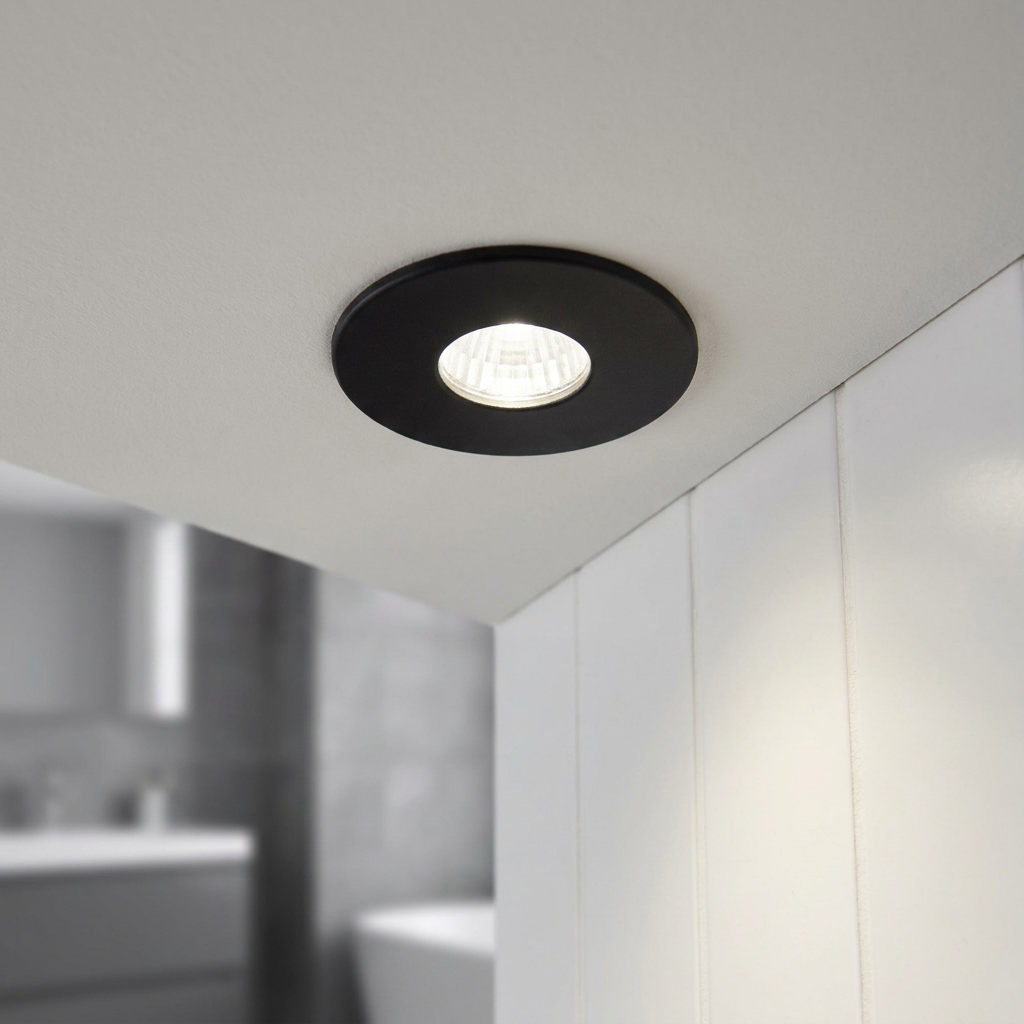 LALO black recessed LED downlight with cool white light installed in a white ceiling above a paneled wall.