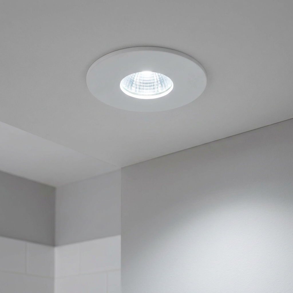 A white recessed LED downlight emitting a cool white glow from a neutral ceiling above a tiled wall.