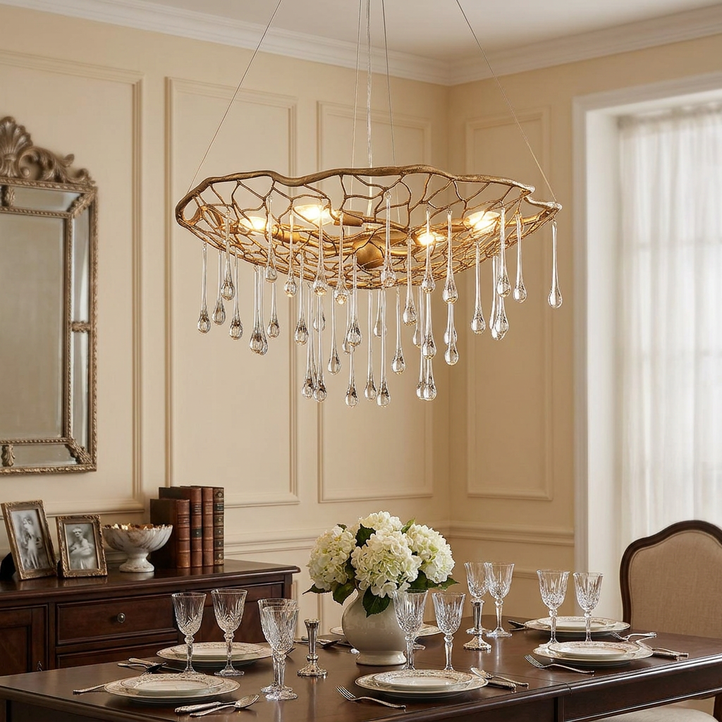 Laguna gold mesh pendant light with crystal droplets hanging above an elegant dining table set for a meal.