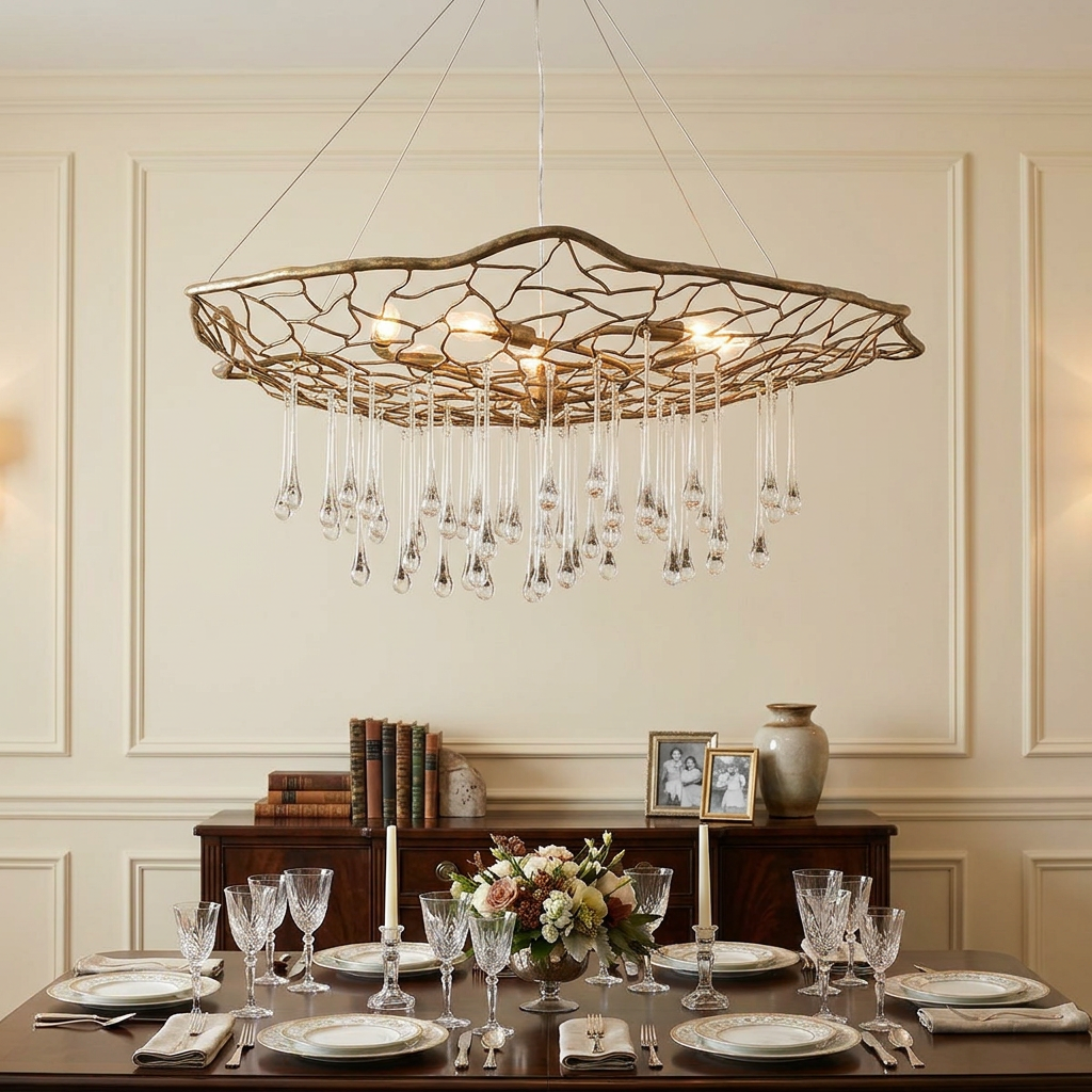 Laguna 6 Light Gold Ceiling Pendant Light with glass droplets hanging over a set dining table.