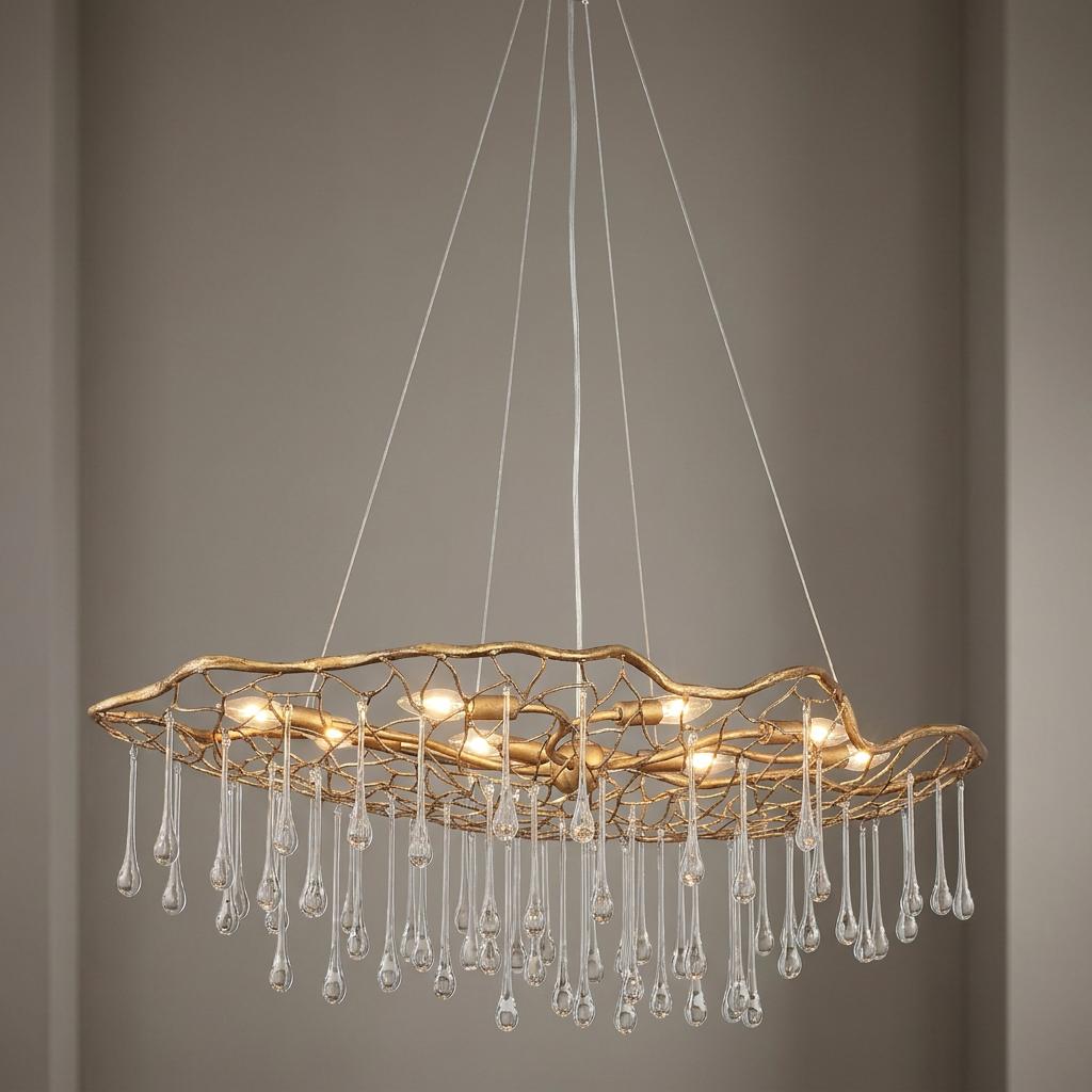 Laguna 8 Light gold ceiling pendant with a mesh oval frame and hanging glass teardrops against a neutral wall.