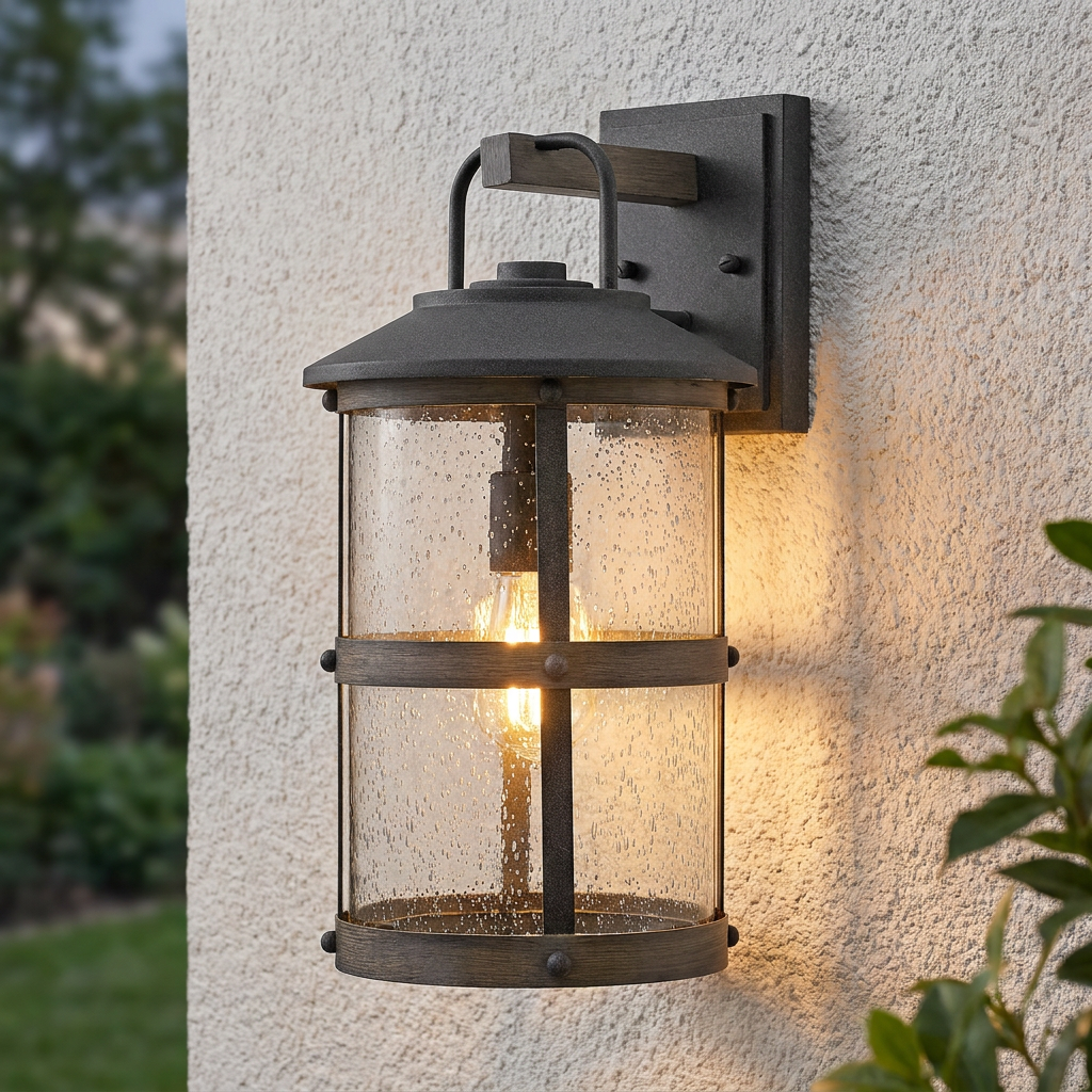 Lakehouse outdoor wall lantern with seeded glass and wood accents mounted on a textured exterior wall.