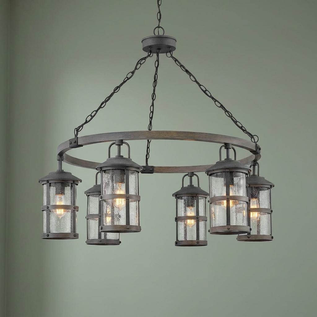 Rustic Lakehouse 6-light outdoor chandelier with circular frame and lantern-style seeded glass shades.