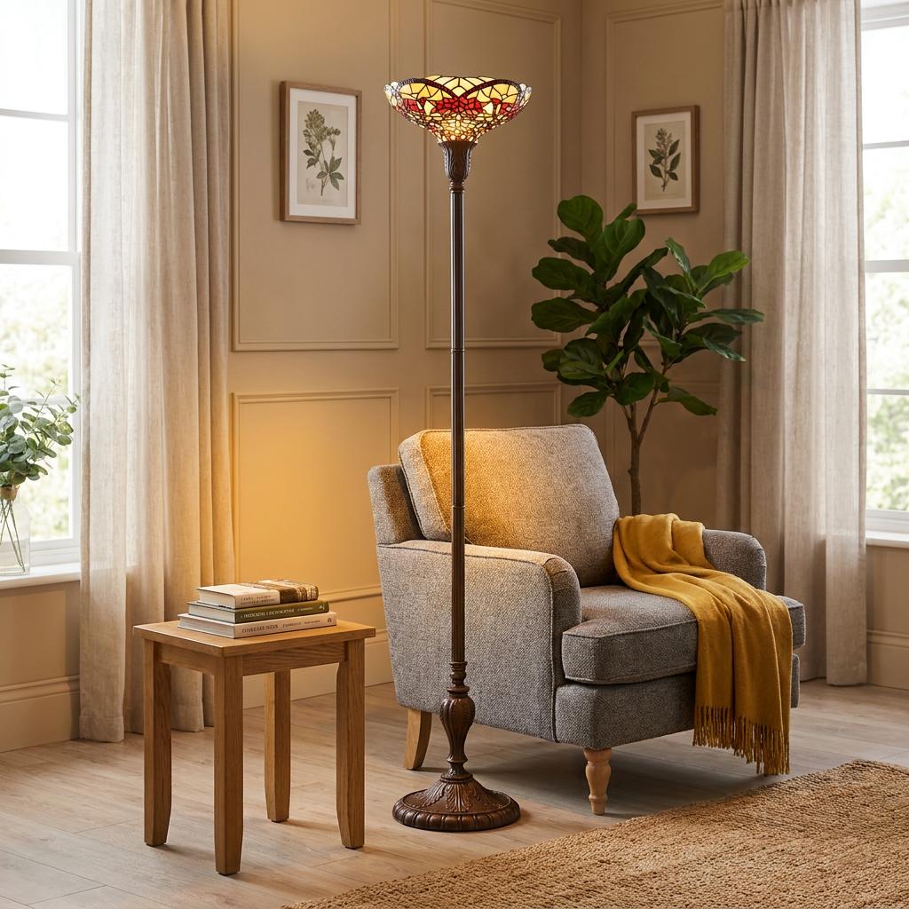Tiffany torchiere floor lamp with red stained glass shade in a cozy living room next to a grey armchair.