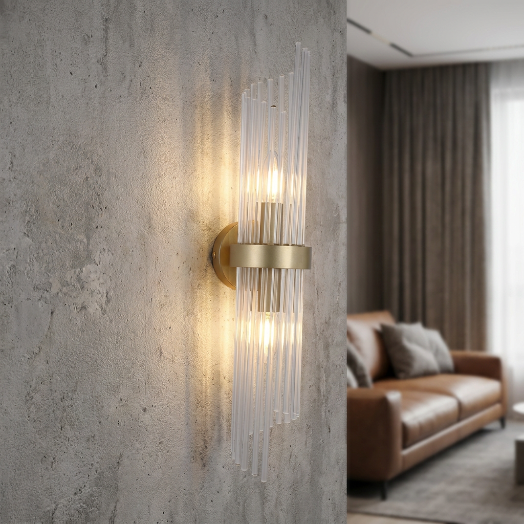 A gold wall sconce with vertical clear glass rods mounted on a grey concrete wall in a modern living room.