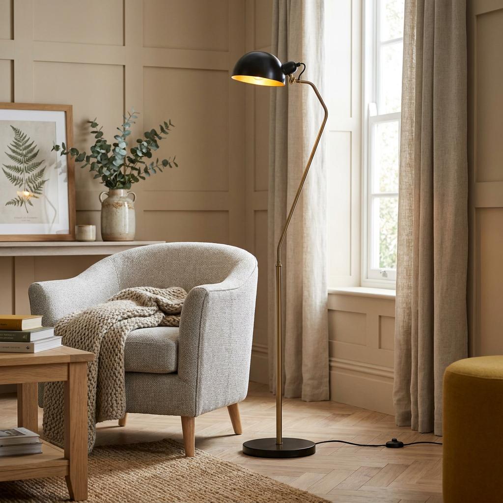 A Largo Modern Brass Floor Lamp with a black shade beside a grey armchair in a neutral living room.