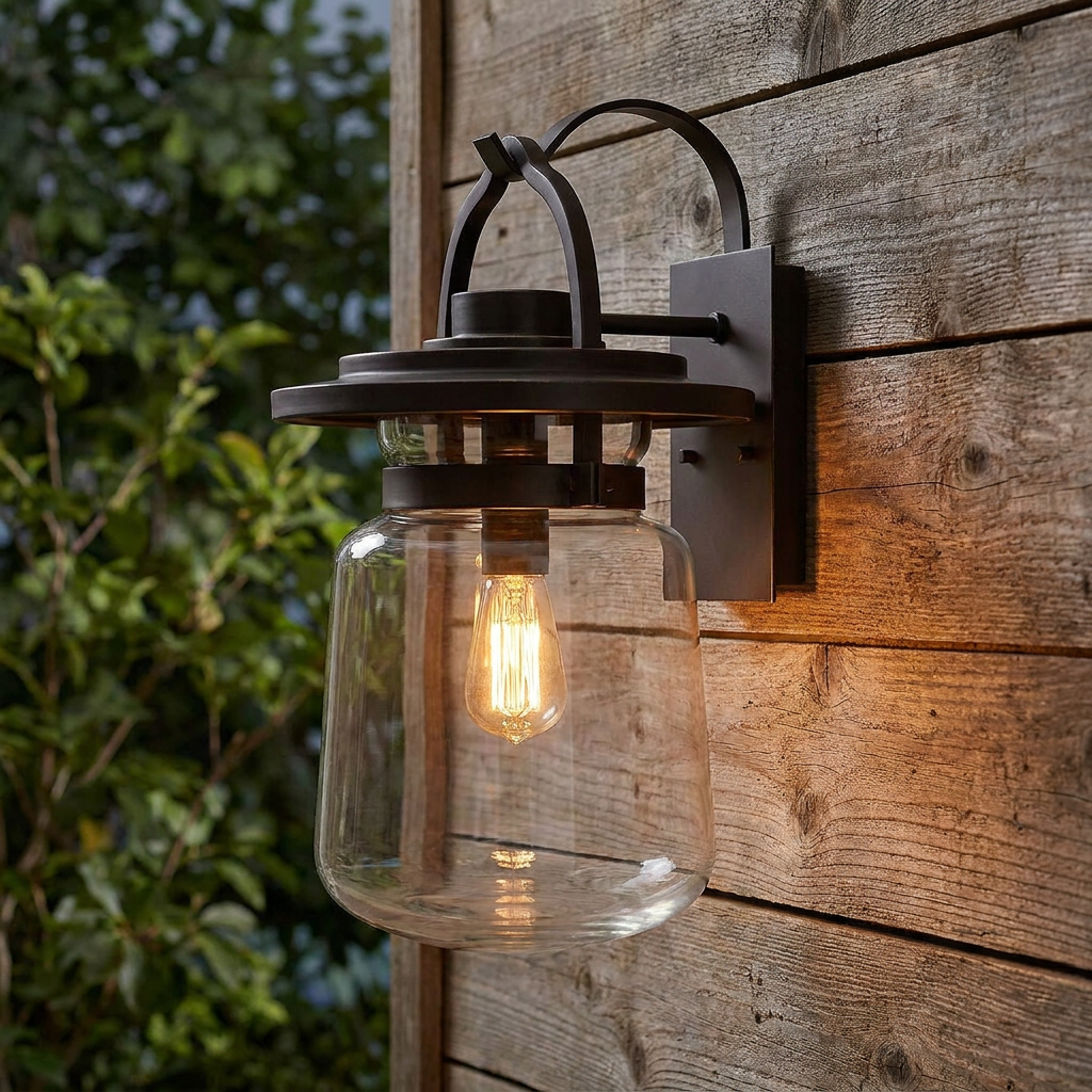 Bronze outdoor wall lantern with a clear glass jar shade and glowing Edison bulb mounted on a rustic wooden wall.