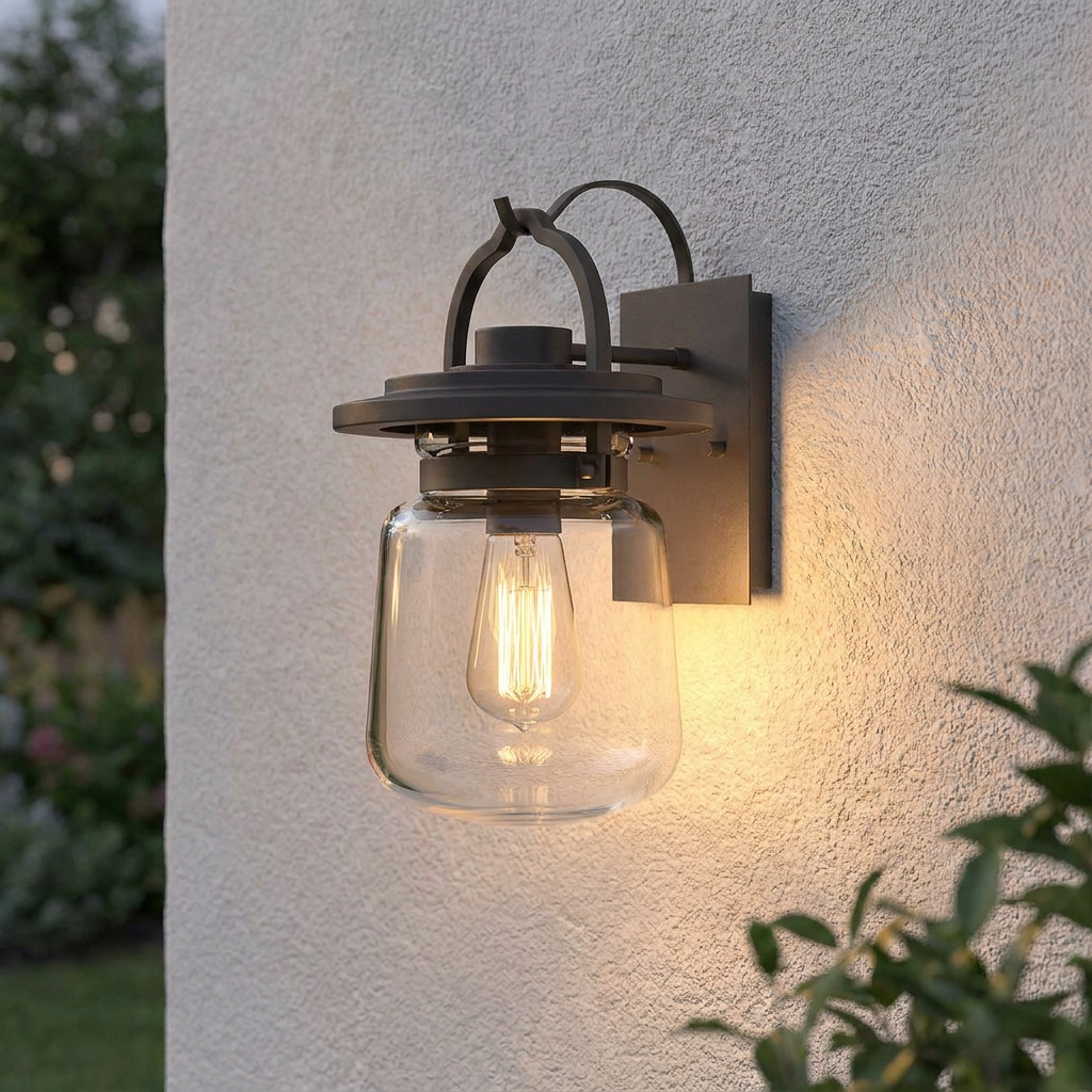 Lasalle bronze outdoor wall lantern with a clear glass shade and glowing Edison bulb on a textured wall.