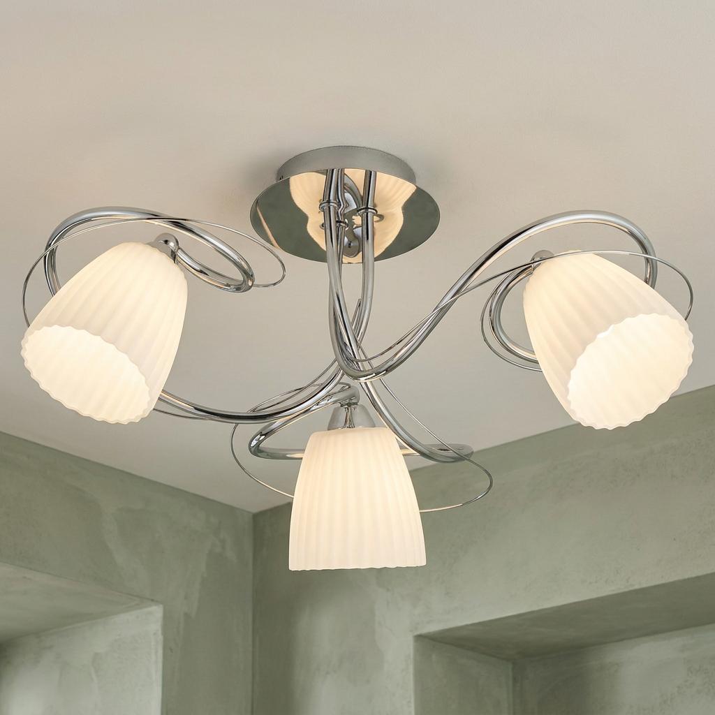 Leke Chrome 3 light semi flush ceiling light with curved arms and three white ribbed glass shades.