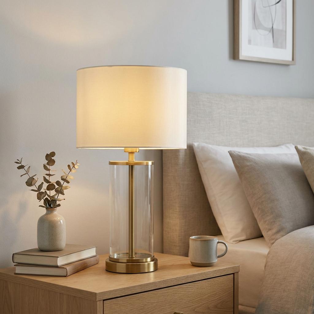 Lessina brass and glass touch table lamp with a white drum shade on a wooden bedside table.