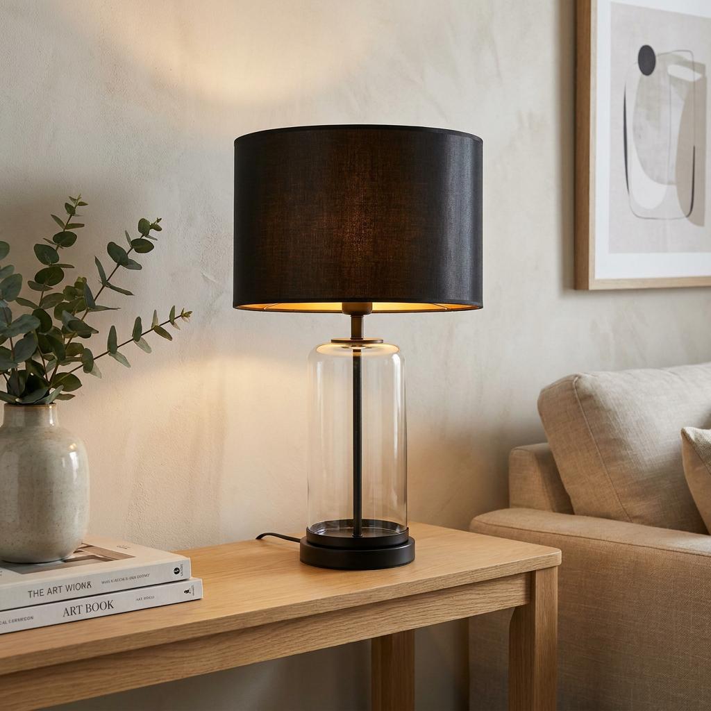 Lessina table lamp with a black fabric shade and clear glass cylinder base on a wooden console table.