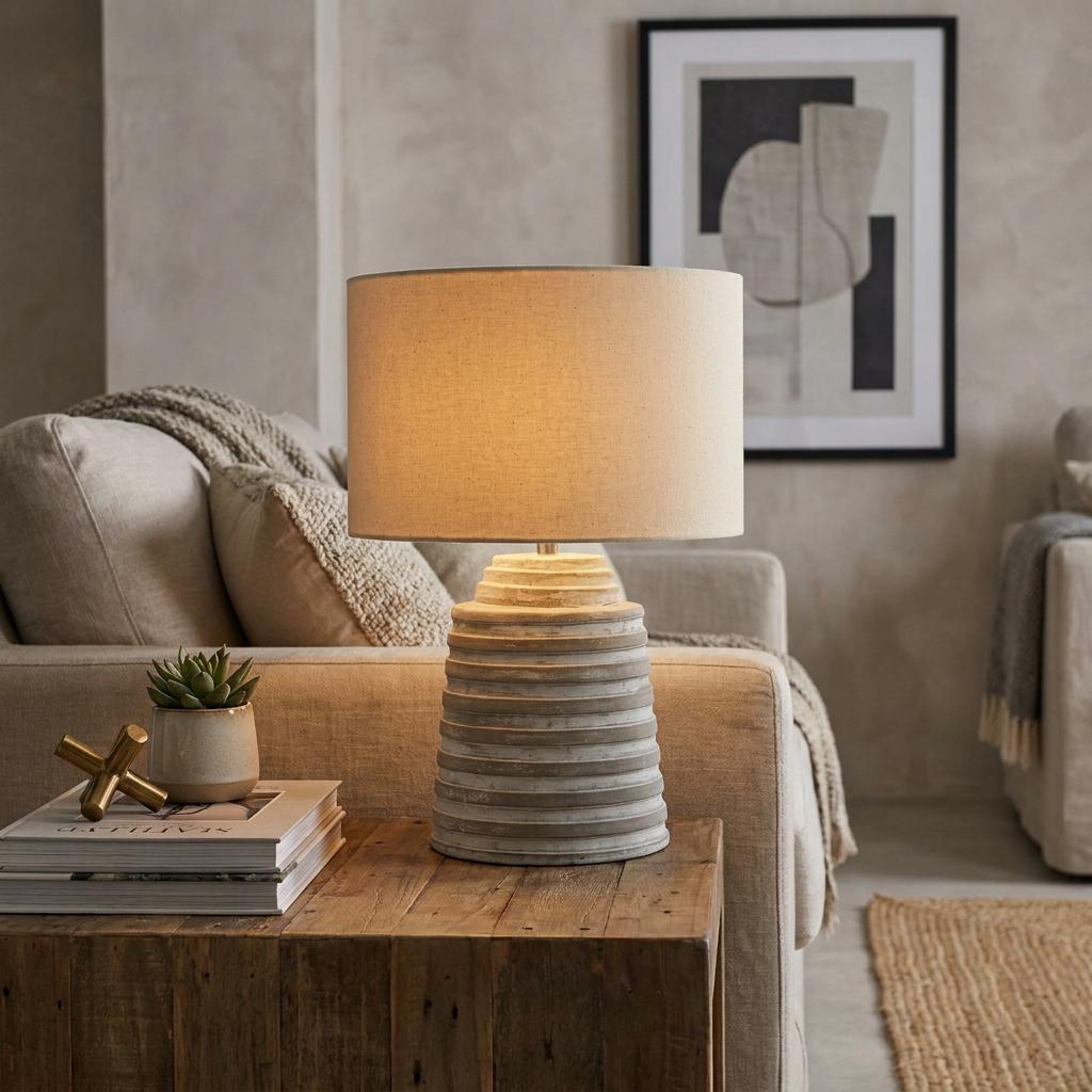Grey ridged cement table lamp with a beige drum shade lit on a rustic wooden side table in a neutral living room.