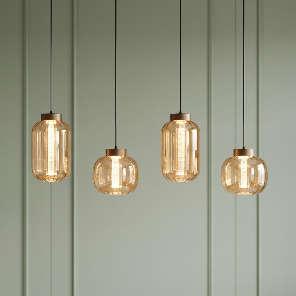 Ribbed amber glass LED pendant lights hanging at different heights against a light green paneled background.