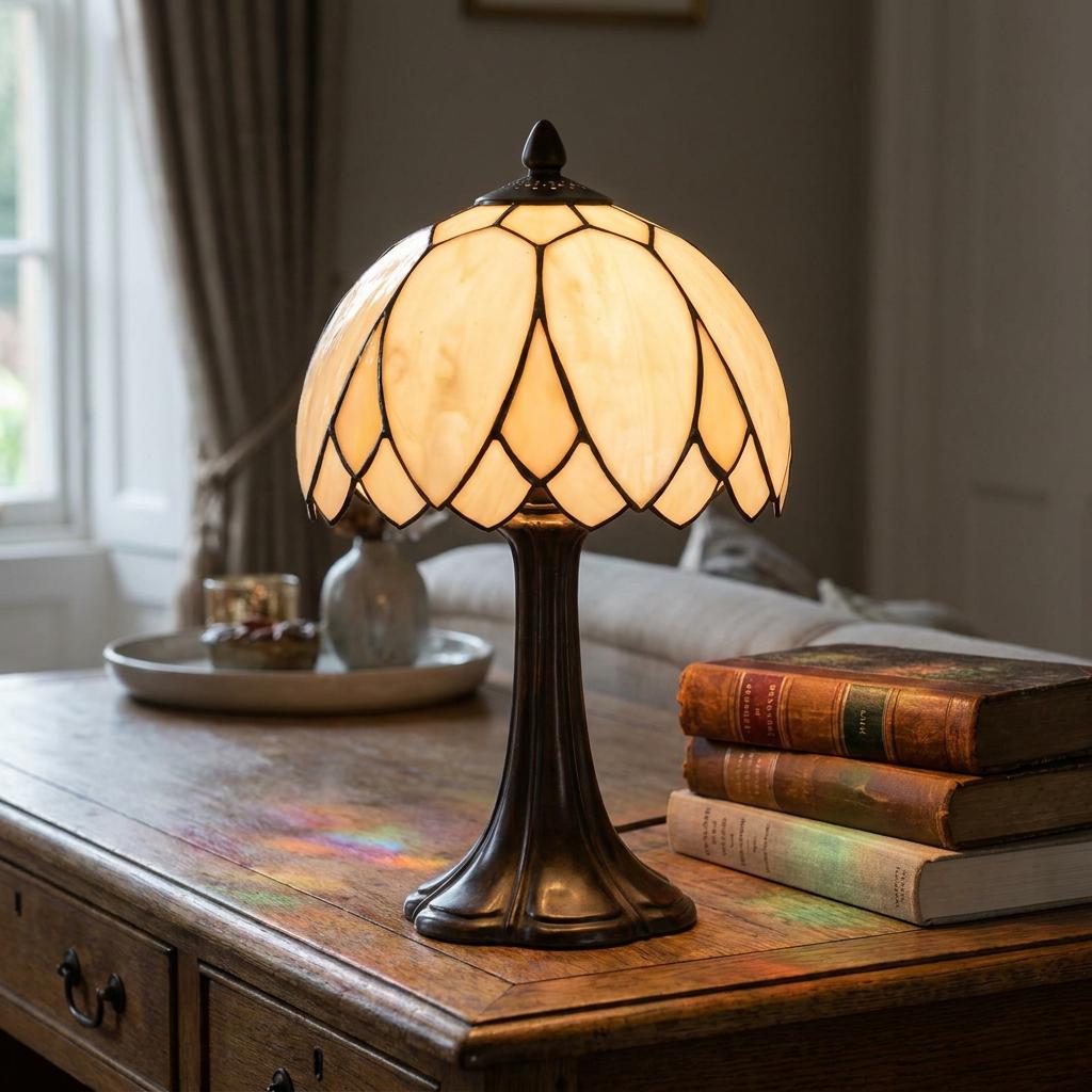 Lilly Tiffany table lamp with a cream petal-shaped shade and bronze base sitting on a wooden desk next to old books.