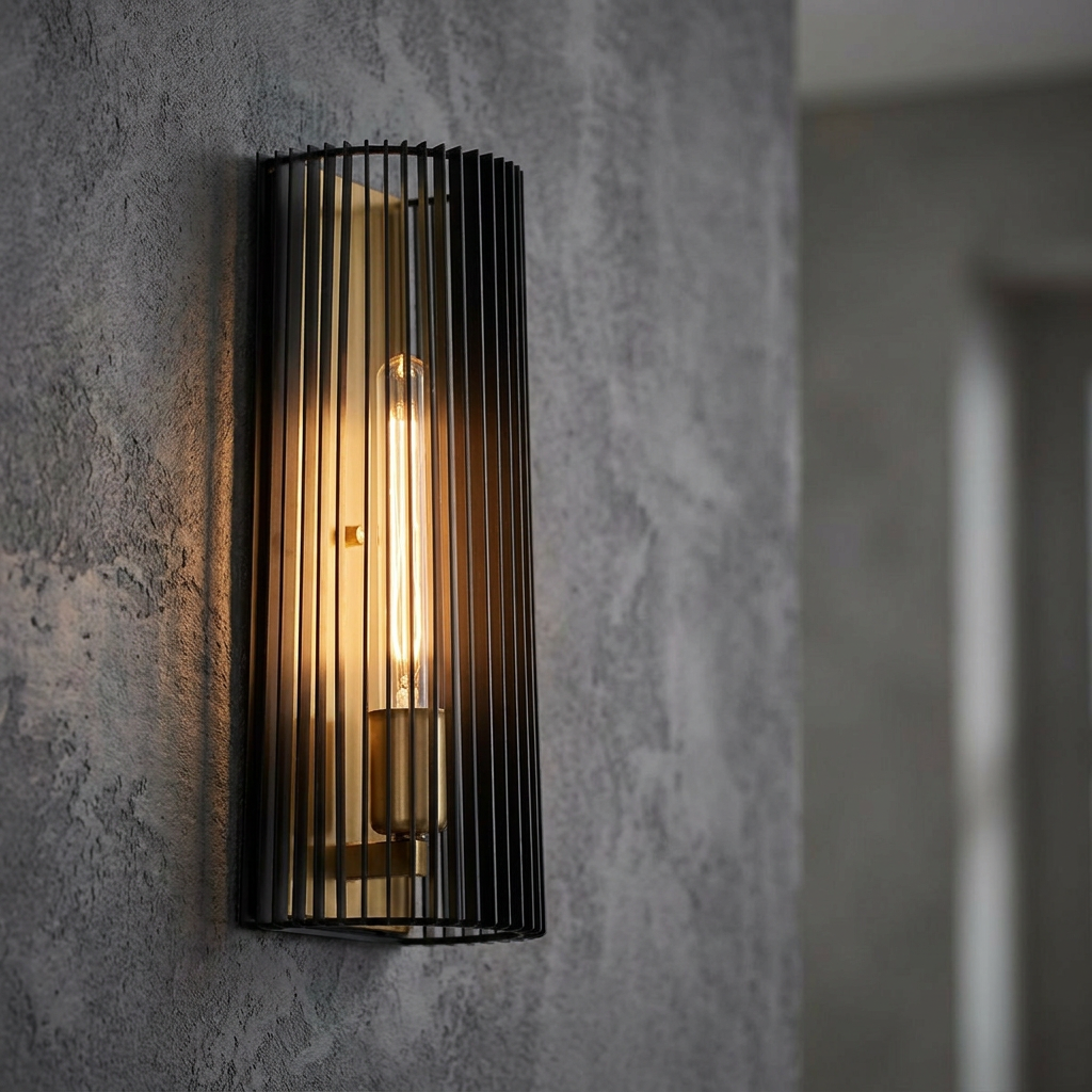 Linara 1 Light Modern Wall Light with black slats and a warm Edison bulb mounted on a textured grey wall.