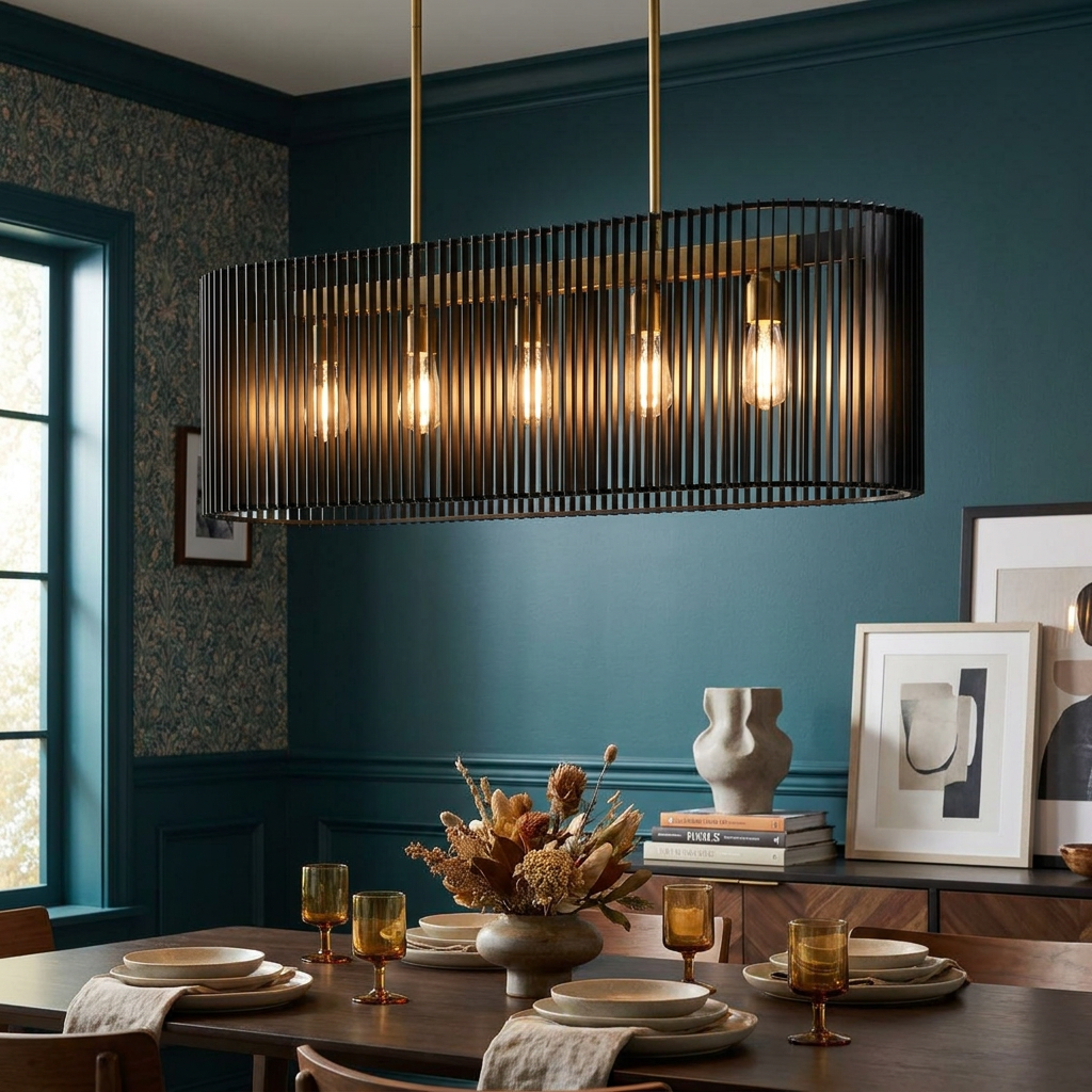 Linara 5-light modern linear chandelier with black ribbed cage and gold accents over a set dining table.