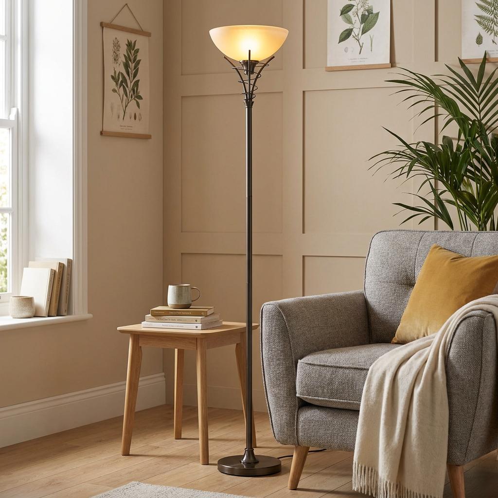 Brass and acid glass uplighter floor lamp illuminates a living room corner with a grey armchair and wooden side table.