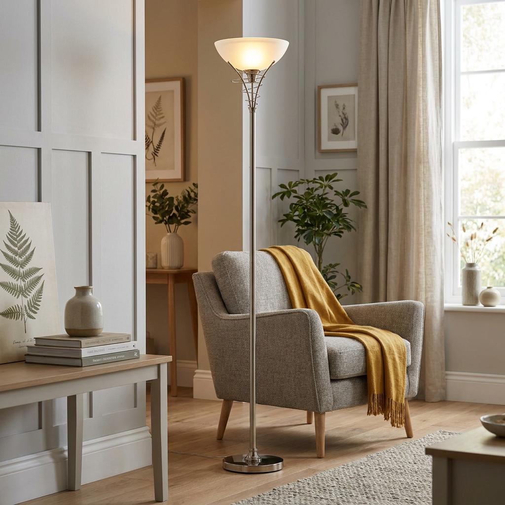 Satin silver uplighter floor lamp with a frosted bowl shade standing next to a grey armchair in a cozy living room.