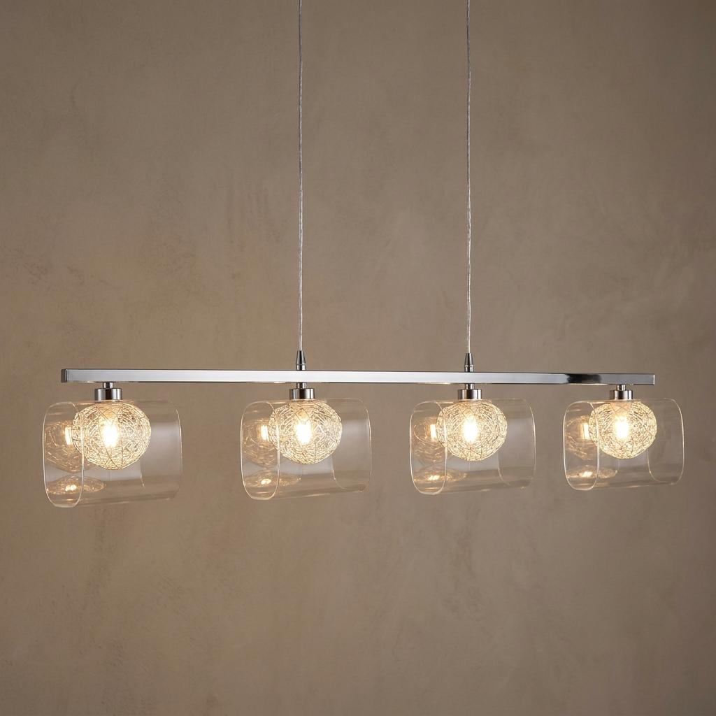 Four-light chrome ceiling pendant with mesh inner globes and clear glass shades hanging against a beige wall.