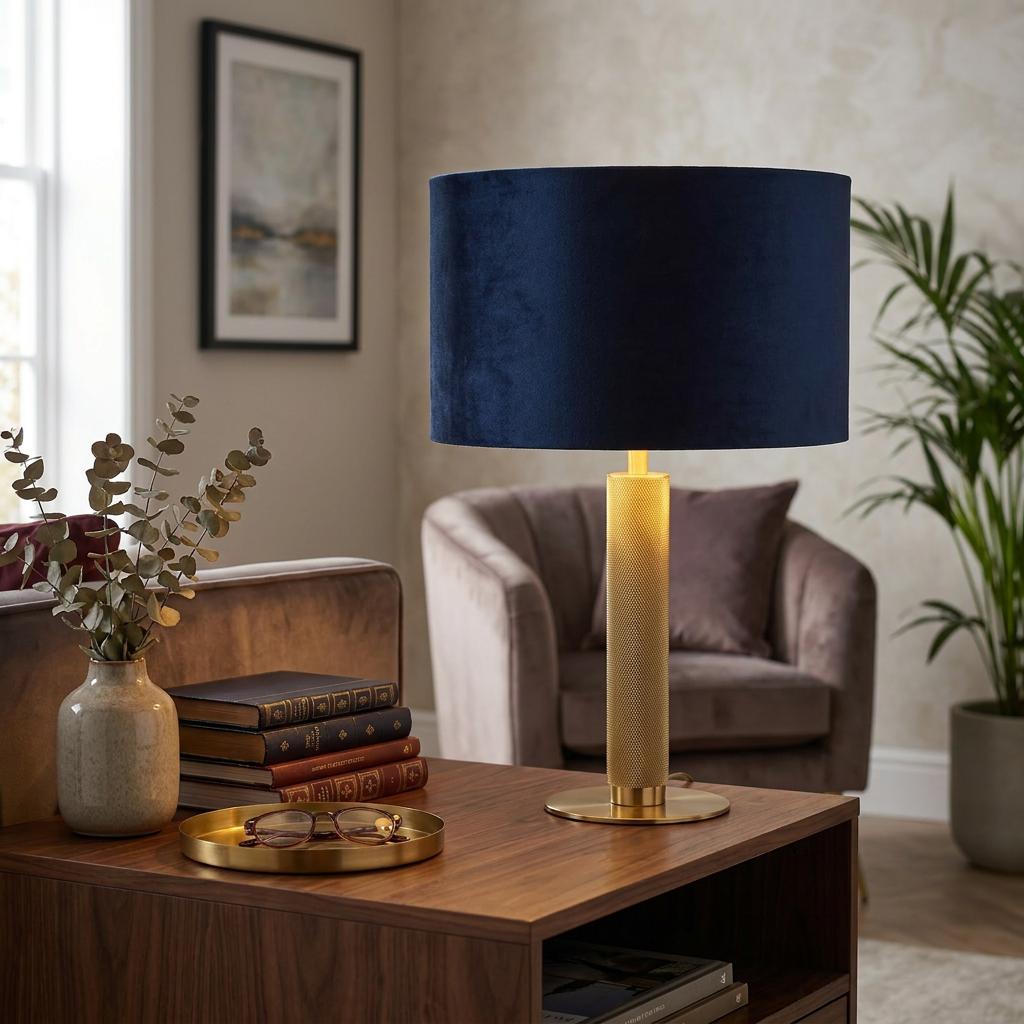 Knurled brass table lamp with navy velvet shade on a wooden table in a stylish living space.