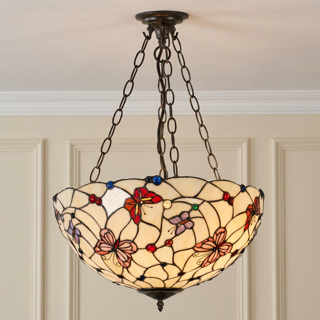 Inverted Tiffany ceiling light with butterfly stained glass shade on bronze chains against a paneled wall.