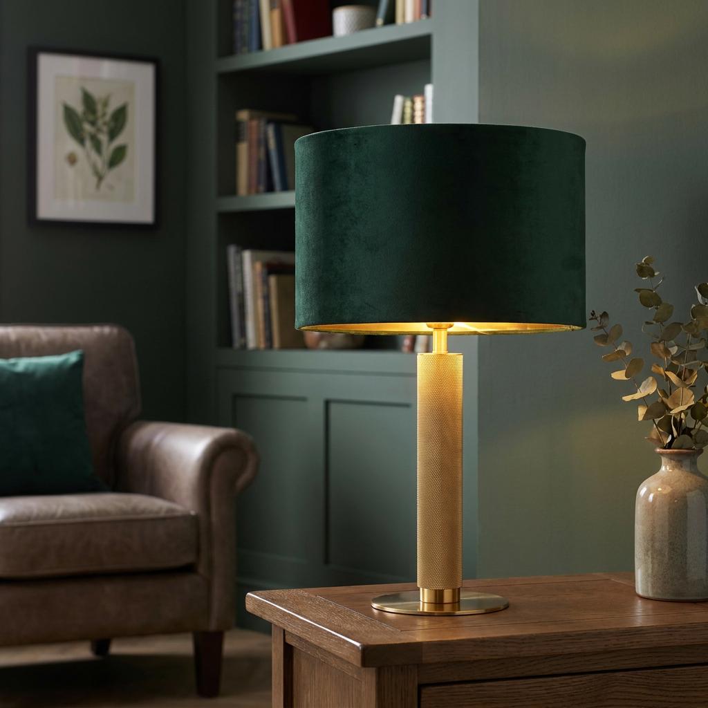 London table lamp with a knurled brass base and green velvet shade on a wooden table in a green study.