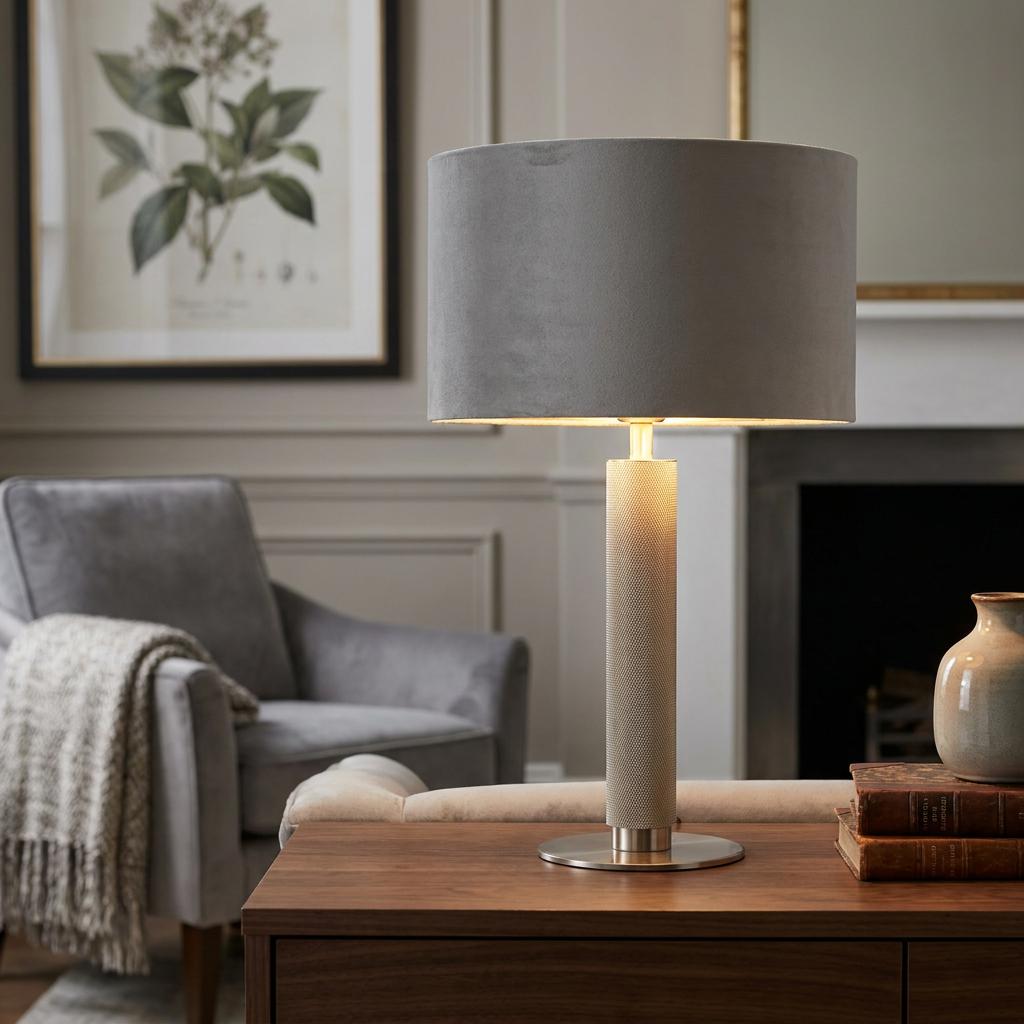 London table lamp with knurled silver base and grey velvet shade on a wooden table in a stylish living room.