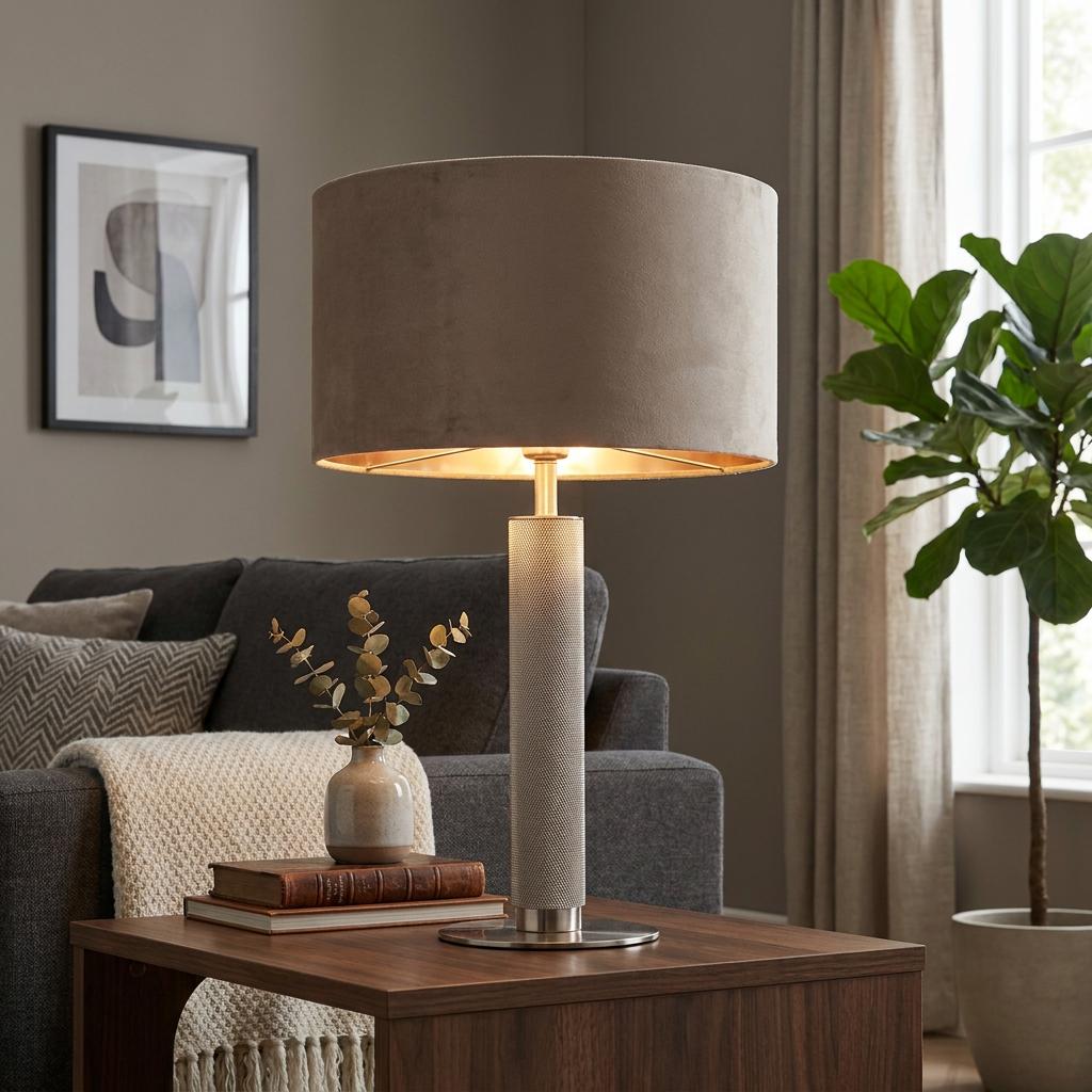 London table lamp with knurled silver base and taupe velvet shade on a side table in a modern living room.