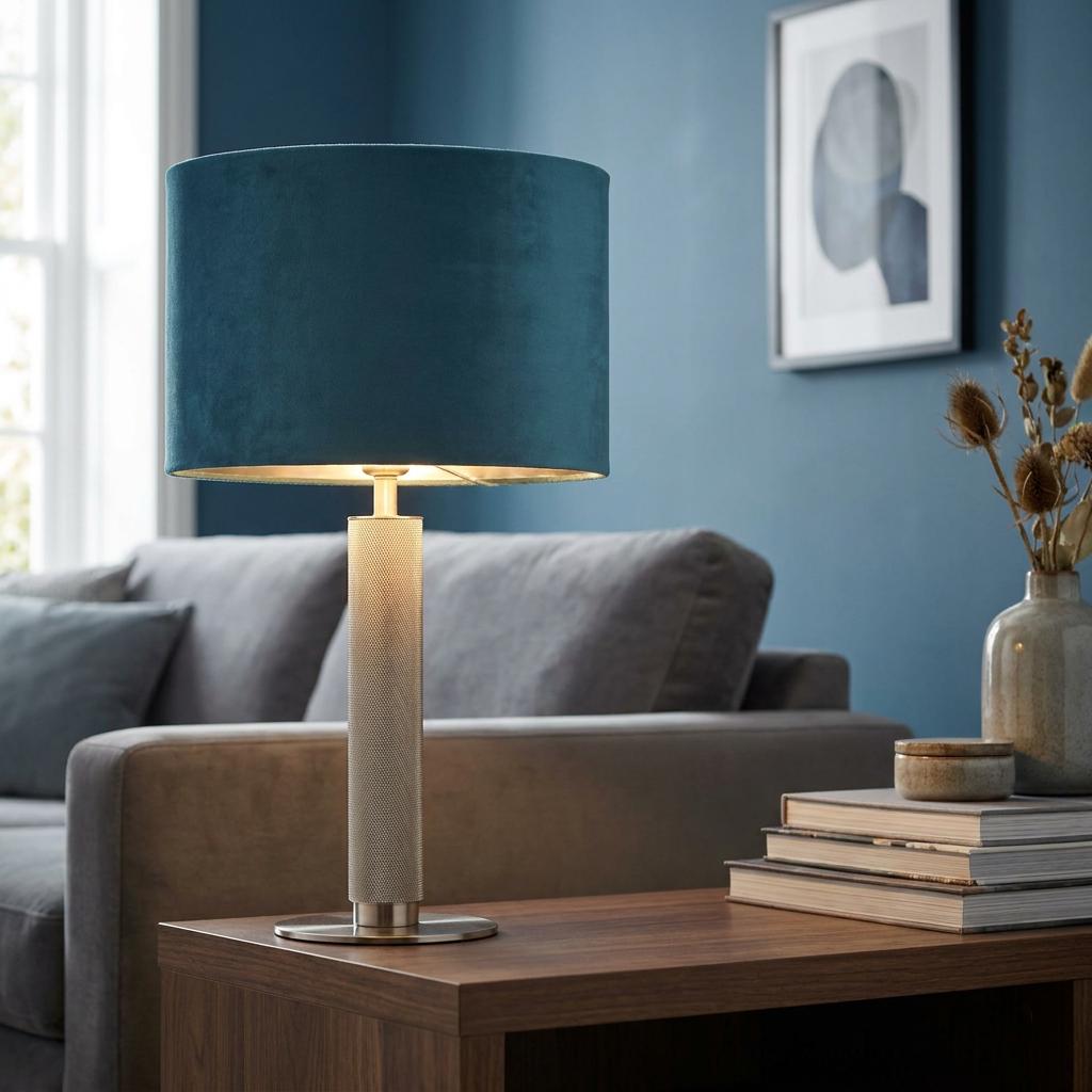 London Table Lamp with a knurled satin silver base and teal velvet shade on a wooden table in a blue living room.