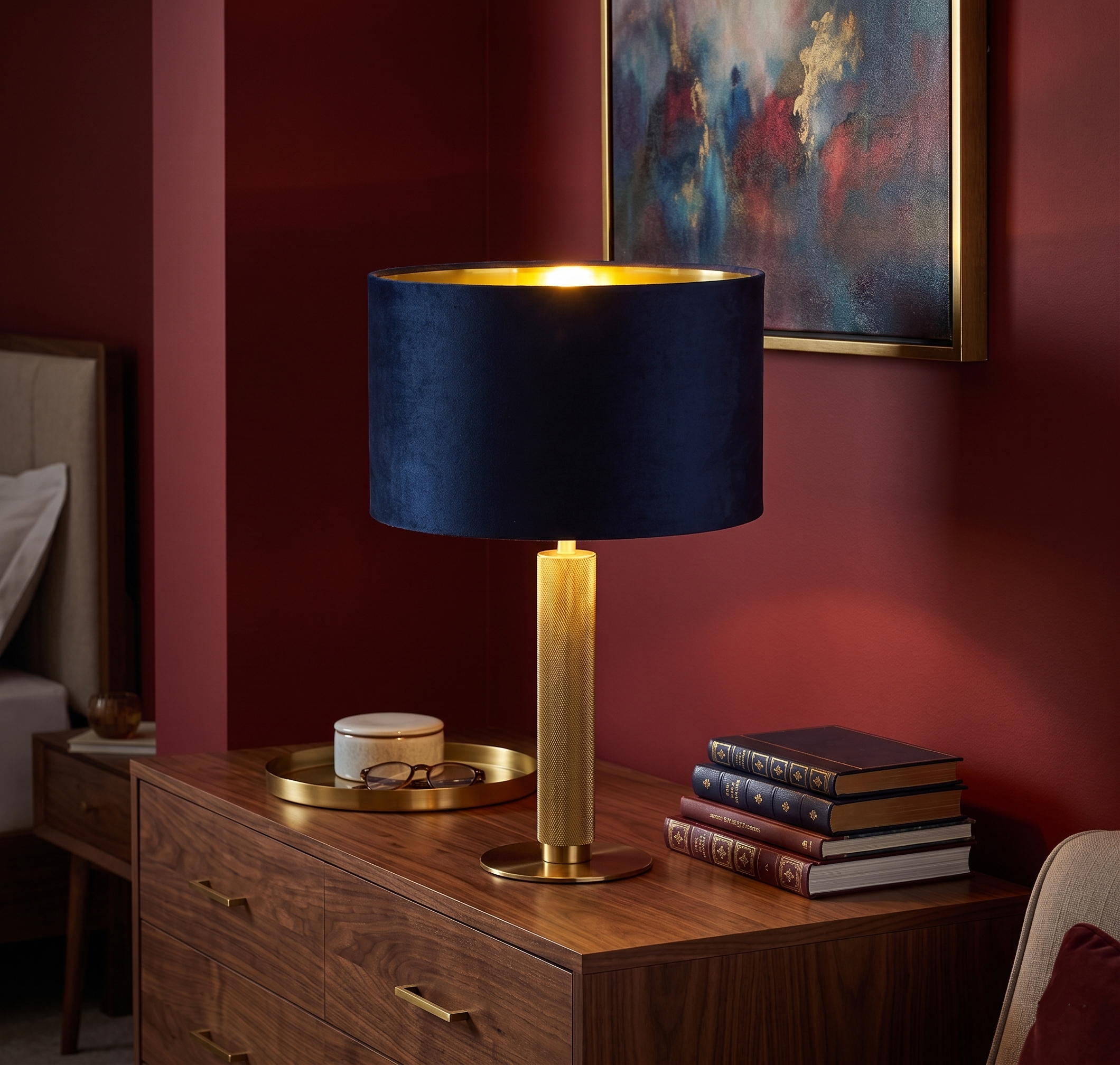 London_Table_Lamp_-_Knurled_Brass_Navy_Velvet_Shade