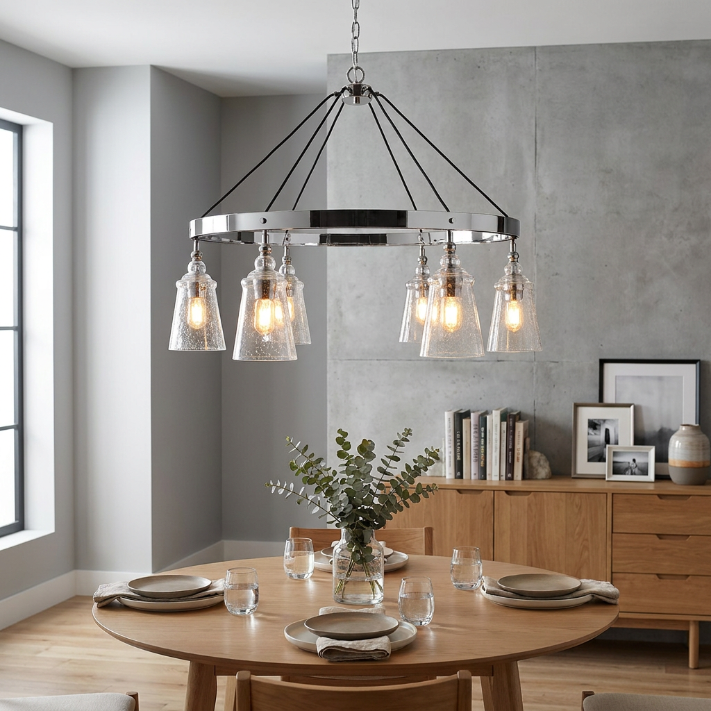 Loras 6-light chrome chandelier with seeded glass shades hanging over a wooden dining table in a modern room.